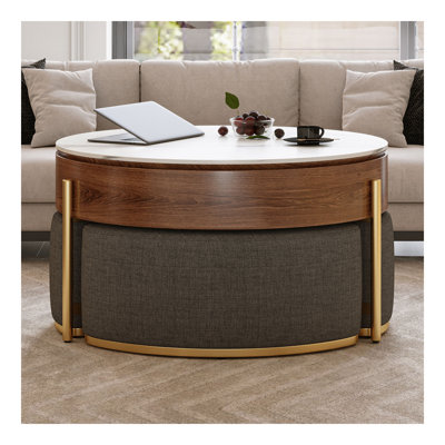 Modern Lift-Top Round Coffee Table With Hidden Storage, Walnut Veneer & Sintered Stone Top,3 Upholstered Nesting Ottomans, Space-Saving Design, Fully Assembly