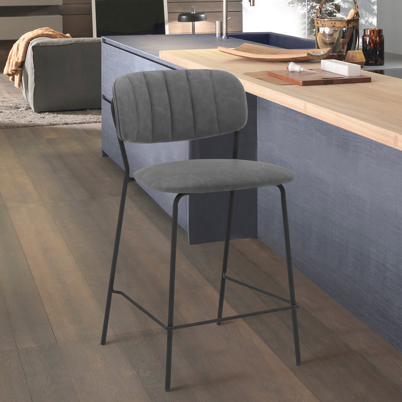 Tabouret à hauteur de comptoir de 26 po en métal noir et similicuir gris - idéal pour un îlot de cuisine, capacité de 250 lb, conception simple de bar moderne, base stable, repose-pieds, installation rapide
