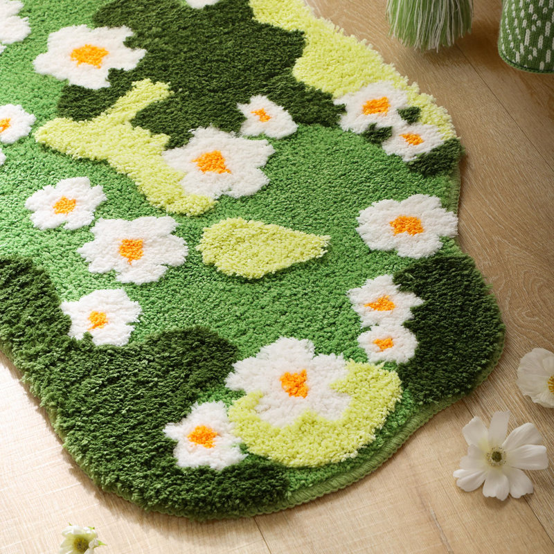  Bathroom Rugs For Living Room, Green Moss Rug Cute Bath Mat With Small Flower, Non Slip Washable Floral Bath Rugs For Bathroom (32x20 Inches)