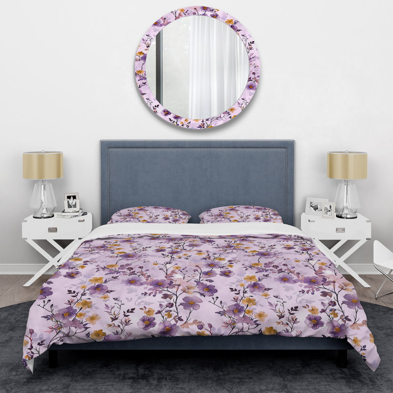 Mauve fleur mauve - ensemble de housse de couette transitionnel, Housse de couette simple et deux taies décorative