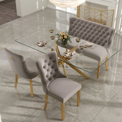 Luxury Dining Set with Hand-Tufted Velvet Bench & Chairs, 8mm Tempered Glass Table, Modern Furniture for Dining Area