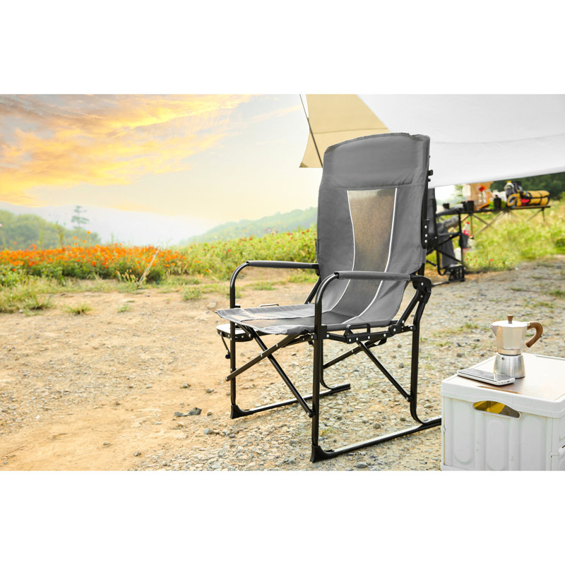 Heavy Duty Folding Camping Chair With Side Table - Grey Portable Oversized Directors For Picnic, Lawn Beach Fishing,