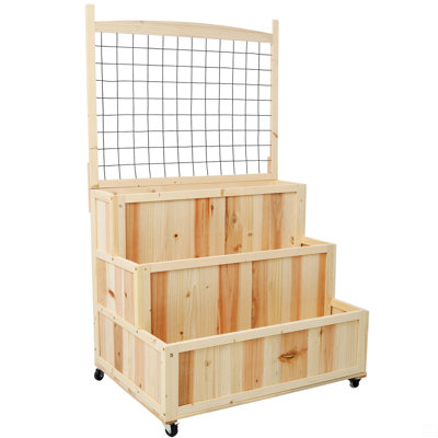 Lit de jardin surélevé à 3 niveaux avec treillis, boîte à fleurs verticale H 53 "avec roues et espace de rangement arrière