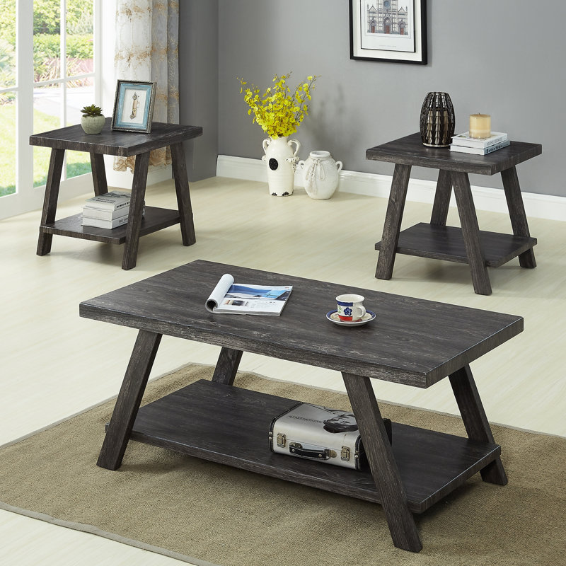 Ensemble de 3 tables basses et 2 tables de bout en bois fini gris grain