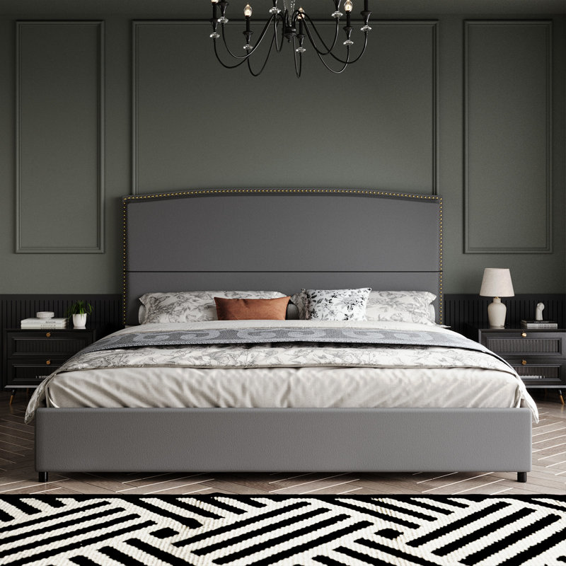 Bed Frame with 56" Tall Headboard, Boucle Upholstered Platform Bed with Nailhead Trim, Soft Fabric, No Box Spring Needed, Easy Assembly