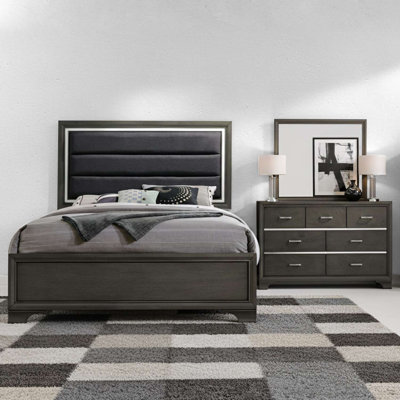 Modern Charcoal Gray Bedroom Set with Upholstered Queen Bed, Dresser and Mirror