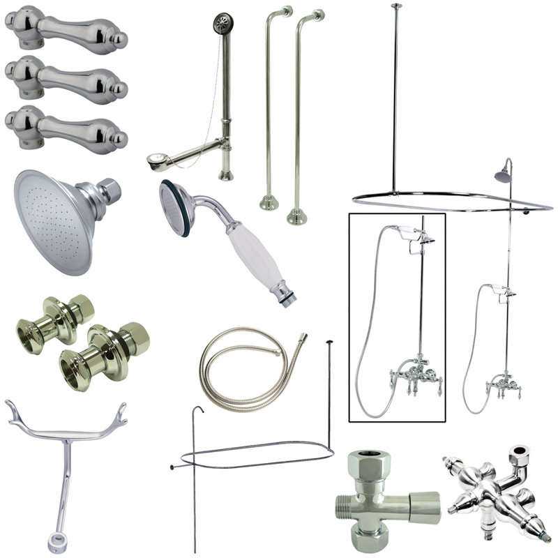 Kingston Brass Vintage Three-Handle 2-Hole Tub Wall Mount Clawfoot Tub Faucet Package with Shower Enclosure and Hand Shower