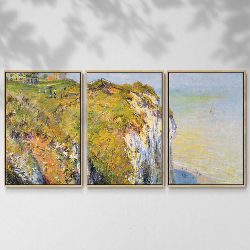 Falaises par Monet - Toile encadrée multi-pièces, Encadré naturel, H 40 po x l 78 po