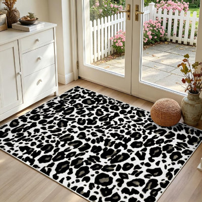 Tapis d'intérieur noir, lavable à la machine, motif léopard abstrait africain, blanc