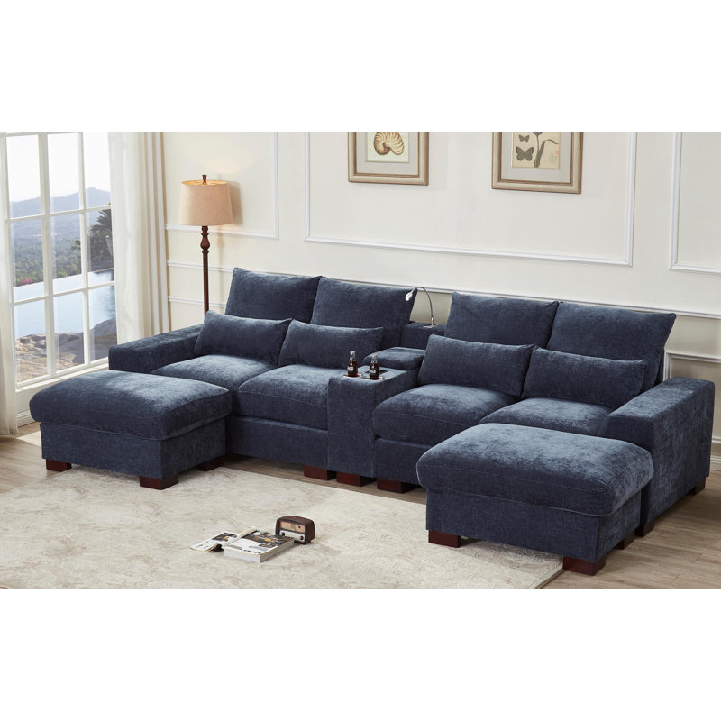 132" U Shape Sectional Sofa Cloud Couch With Removable Ottomans, Dark Gray Chenille