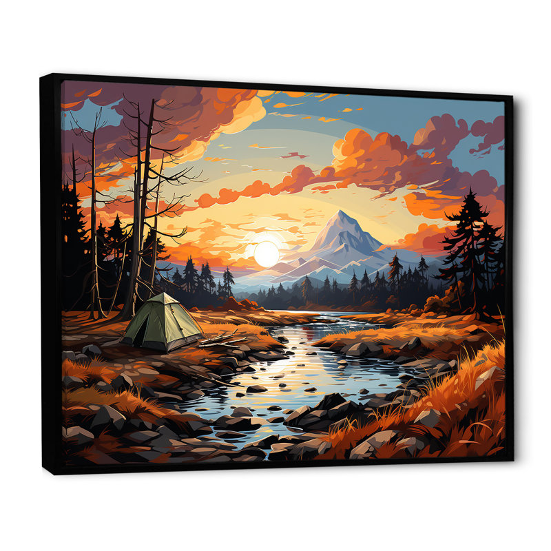 «Camping by the River», impression sur toile, Cadre flottant noir, 34" H x 44" W