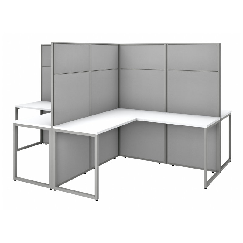 Easy Office 4 Person L-Shaped Desk Workstation with Panels Cubicle - Reversible, Pure White