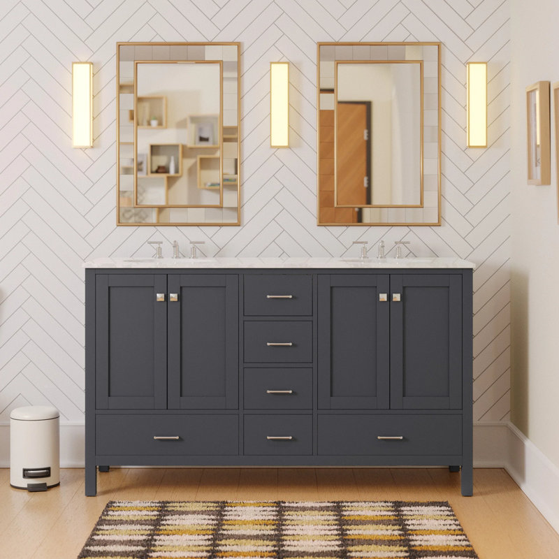 Ensemble de meuble-lavabo double 60 po Claudett, Carrara d'ingénierie, Gris marine