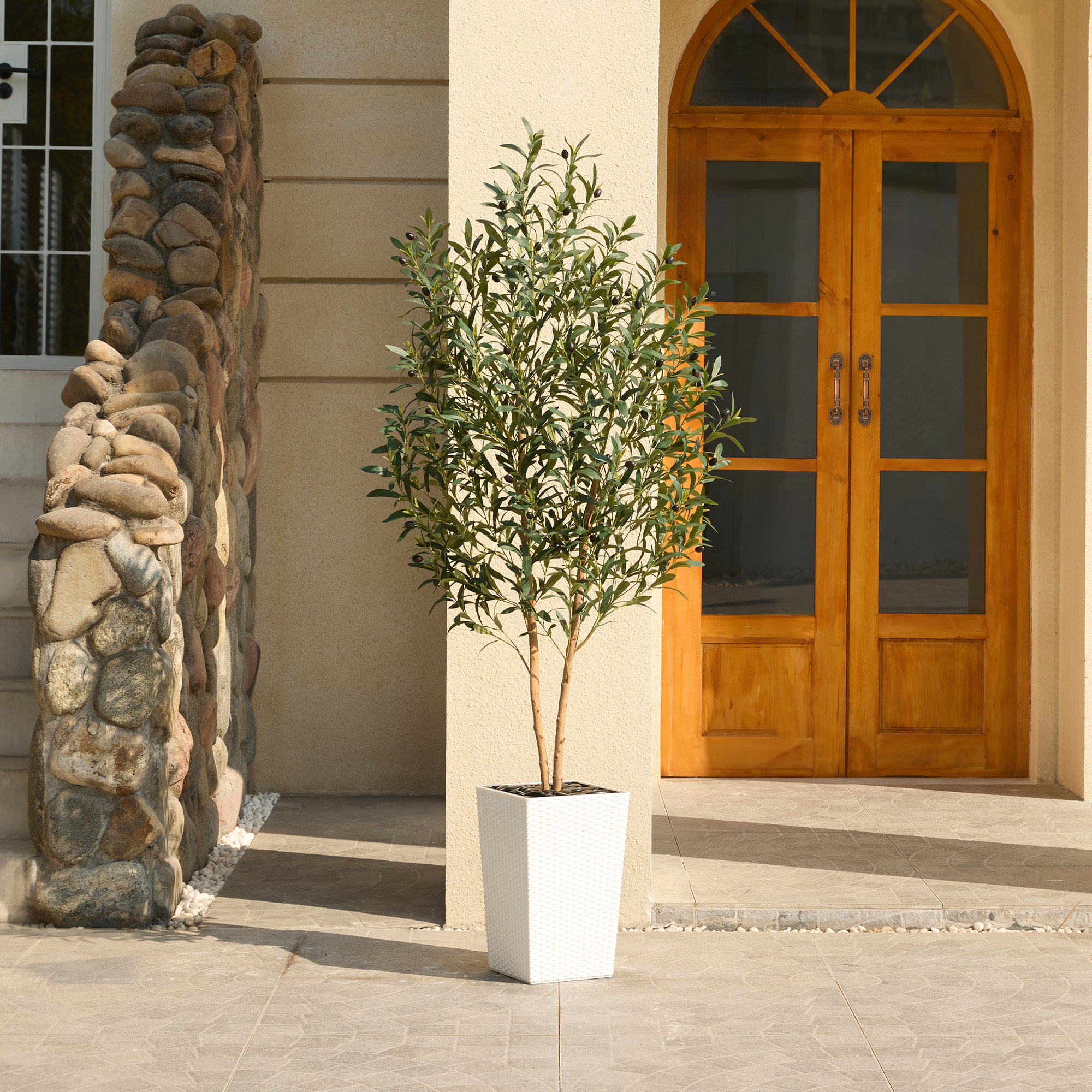 George Faux Olive Tree with UV Protection, 2 Natural Tree Trunks, Large Decorative Potted Olive Tree, 72" H x 24" W x 24" D