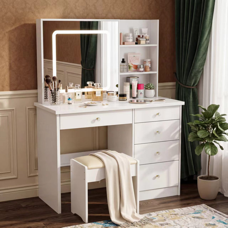 39.4'' Wide Makeup Vanity Set with Stool and LED Mirror, White