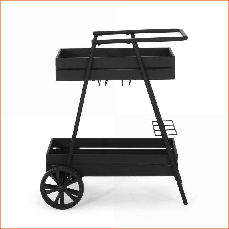 Chariot-bar, industriel moderne avec porte-bouteilles, structure en fer l 27,25 po x P 31,75 po | Fer | Argent mat
