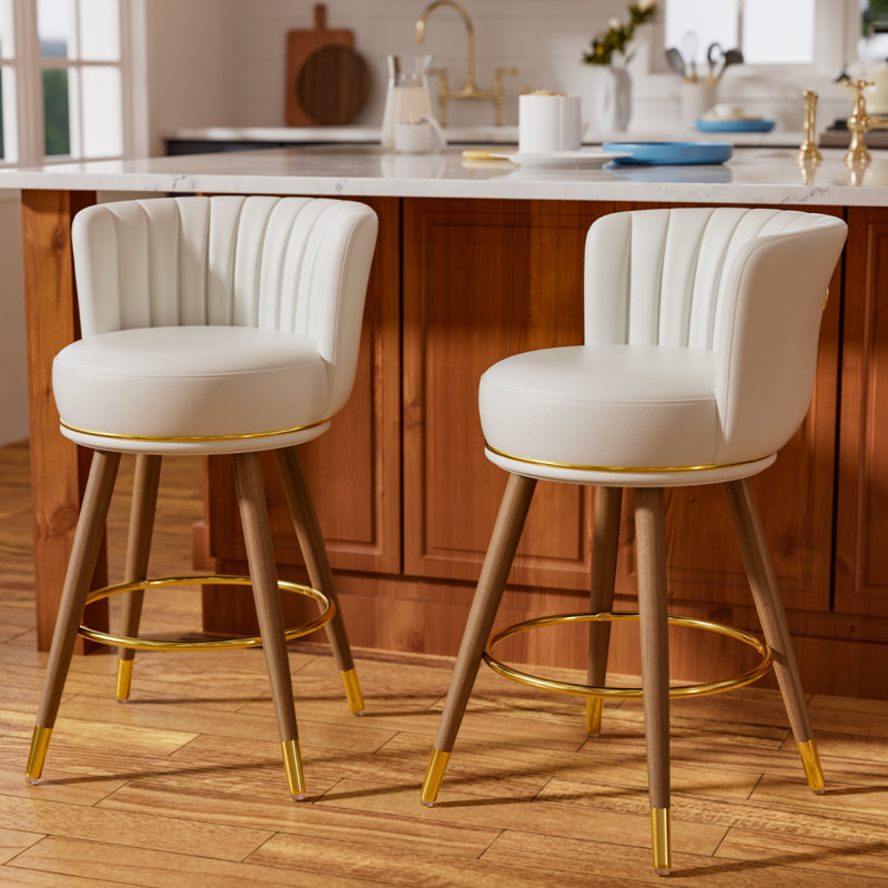 Anneli 24'' Swivel Counter Height Bar Stools Set of 2, White Counter Stools with Backs and Wood Legs for Kitchen Island, 2