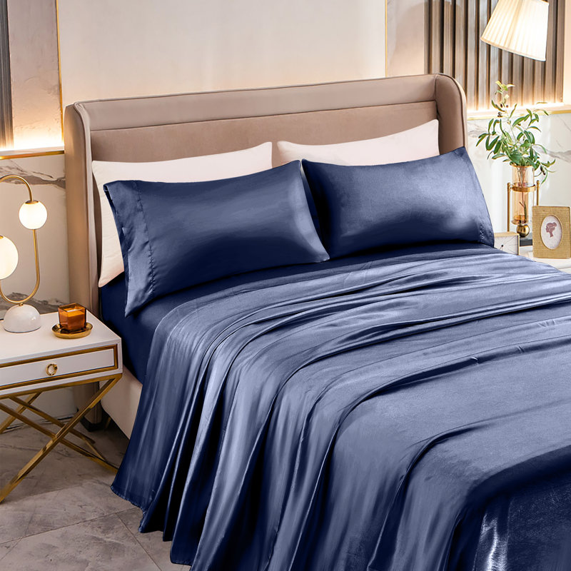 Elegant Comfort Luxurious 4-Piece Silky Satin Sheet Set, Skin And Hair Friendly, Wrinkle, Fade, Stain Resistant With Deep Pockets Fitted Sheet, Cooling Soft Satin Sheet Set