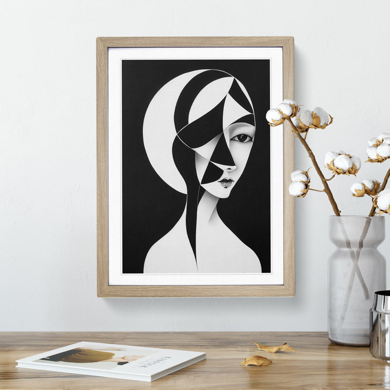 Monochrome Abstract Woman - Wall Art, 34cm H x 25cm W x 2cm D, Oak Framed