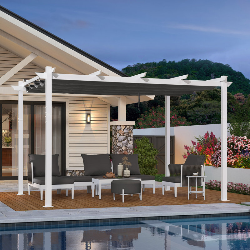 Pergola rétractable d'extérieur 10 pi x 13 pi mauve en aluminium robuste en métal avec abat-jour double pour terrasse, gris