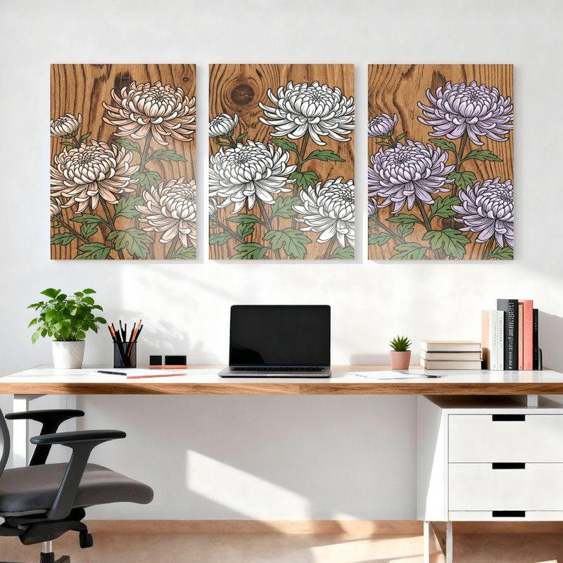 Ensemble de 3 tableaux muraux sur toile texturée effet bois, motif floral chrysanthème, H 18 po x l 36 po