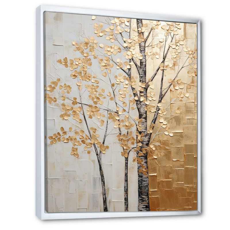 Minimalisme Golden Trees Harmony II - arbres, art mural, H 20 po x l 12 po x P 1 po, Cadre flottant blanc