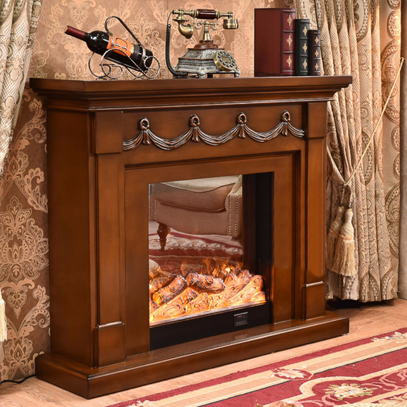 Brown Solid Wood Electric Fireplace, Brown