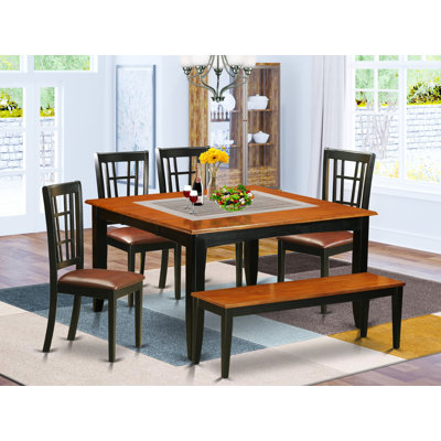 Ensemble de salle à manger 6 pièces comprenant une table carrée avec rallonge papillon, 4 chaises en similicuir et une banquette, 137 x 137 cm, noir et cerisier