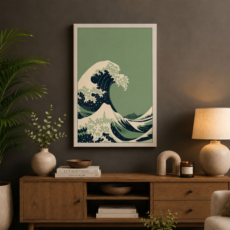 Great Wave Rising Japandi 1 Piece Wrapped Canvas Wall Art, 18x12 - 45.7 x 30.5 cm, Terracotta Border