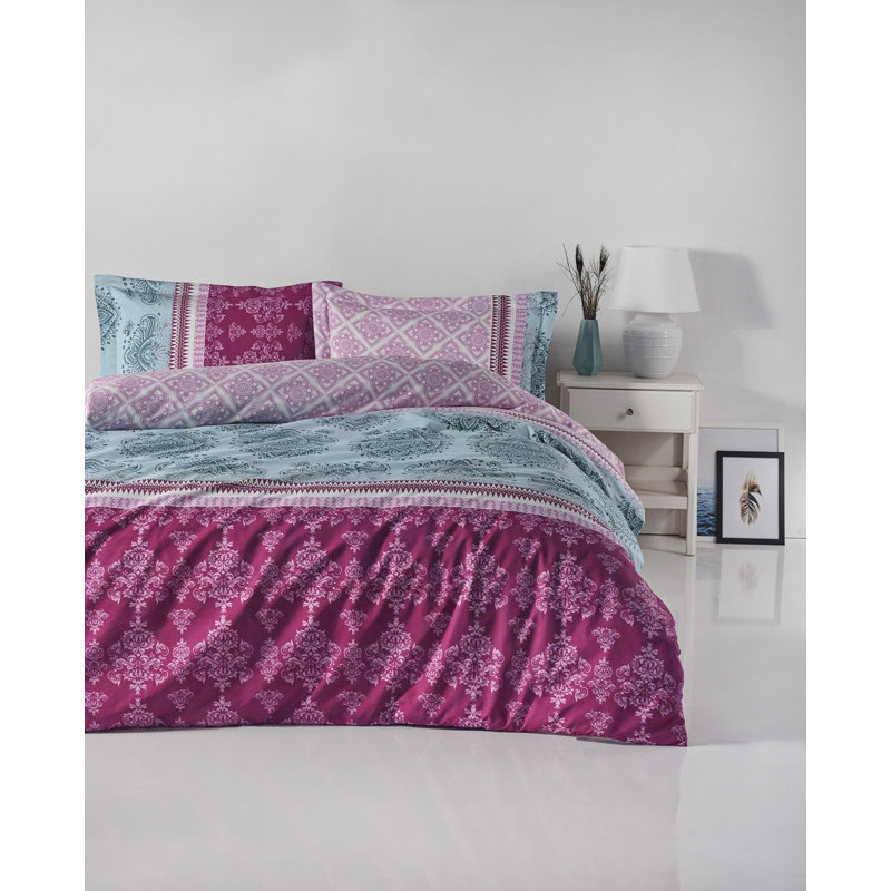 Ensemble de housse de couette luxueuse 100% coton Ranforce, fuchsia et menthe | Housse de couette 86,6 po x 86,6 po, taie d'oreiller 17,7 po x 61,0 po | Lavable à la machine, 145 fils, conception élégante à fermeture à boutons pour plus de confort et