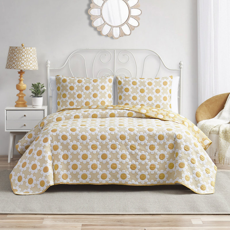 Ensemble de courtepointe réversible en mélange de coton tissé à motif marguerite jaune toutes saisons DESIGN STUDI, Yellow