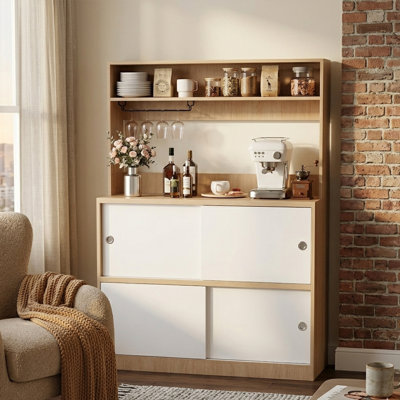 55"W Sideboard With Hutch, Tall Coffee Bar Cabinet With Sliding Doors