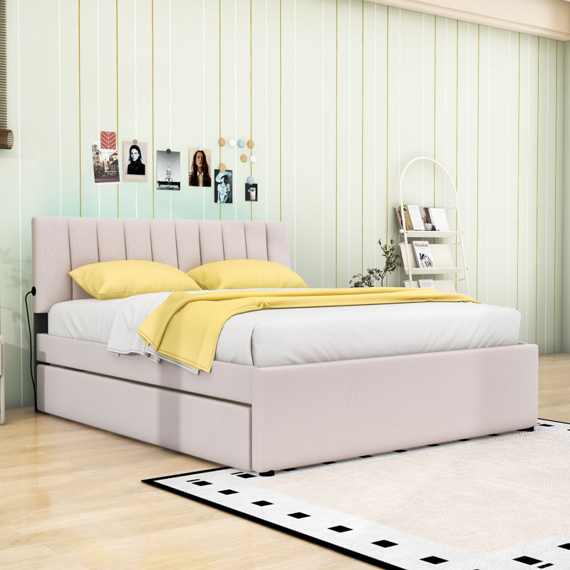 Lit plateforme tapissier Teddy avec lit gigogne simple et lumières DEL, Beige, Grand lit