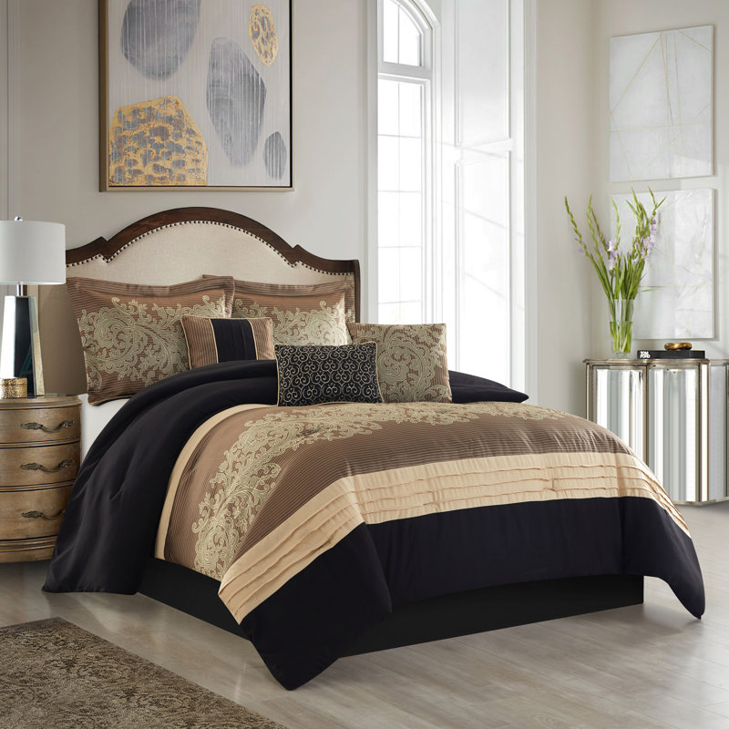 Margret 7 Piece Jacquard Comforter Set, Black/Gold, California King Comforter + 6 Additional Pieces