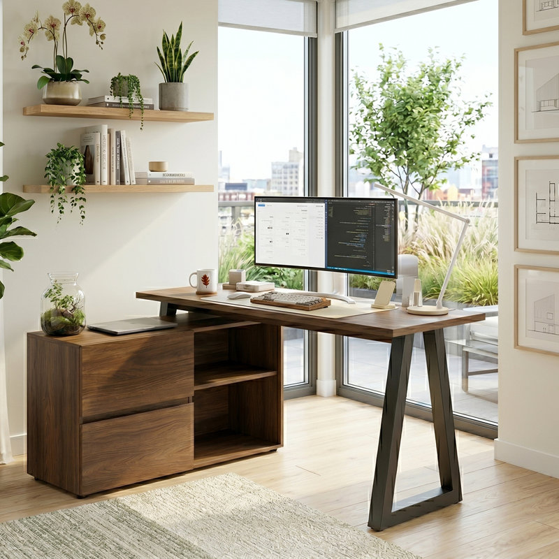 Belfield C 140 L Shaped Writing Desk, Walnut/Black