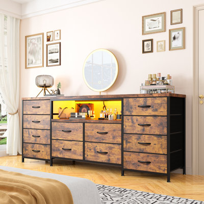 63.11" W 12 Fabric Drawer Dresser For Bedroom, Long Dressers Tv Stand Media Console With Led Lights & Power Outlets by 17 Stories