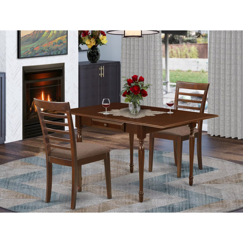 3 Piece Dining Room Set Contains a Rectangle Kitchen Table with Dropleaf and 2 Linen Fabric Upholstered Dining Chairs, Mahogany