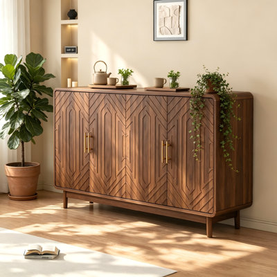 Armoire de rangement sculpturale avec pieds en bois massif, crédence à buffet cannelée de 55 pouces