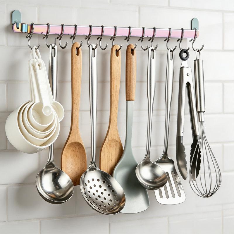 Rail de cuisine mural avec placage arc-en-ciel en titane et 14 crochets pour couteaux et ustensiles, Purple
