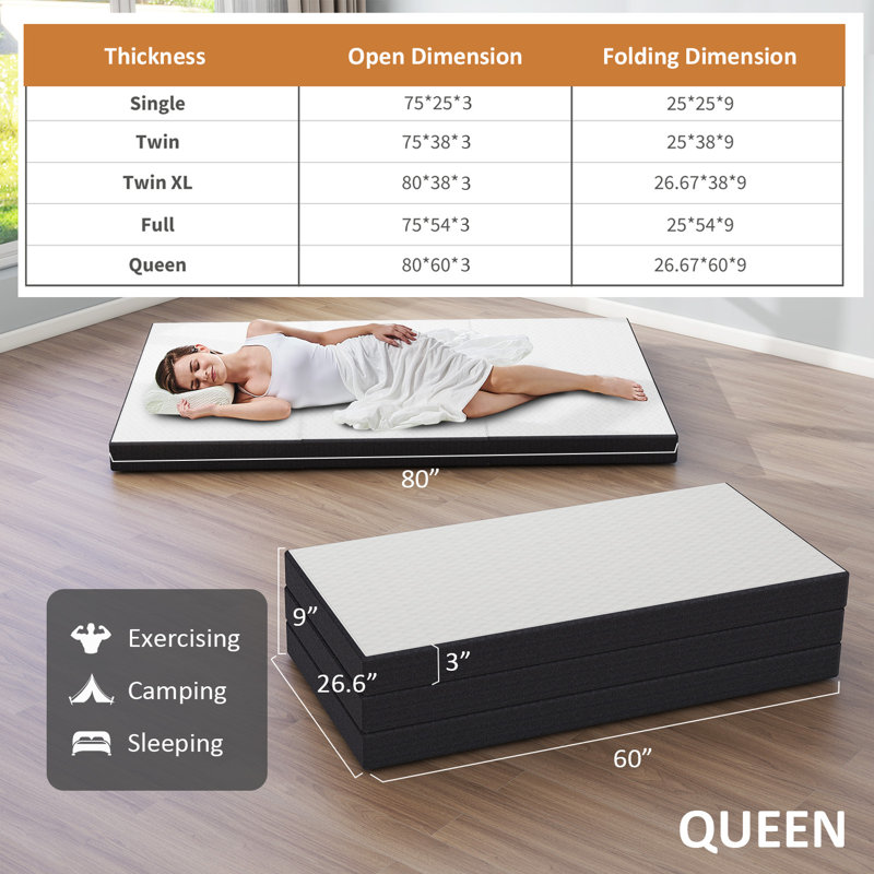 Foldable Memory Foam Mattress with Washable Cover for Camping, Single Twin, 3"