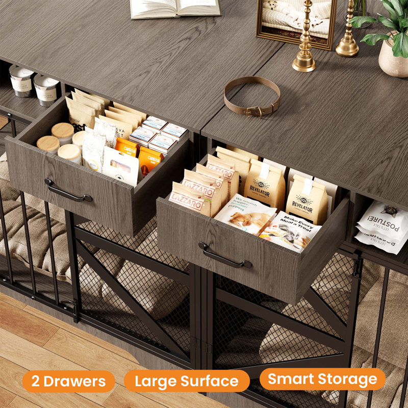 Farmhouse Dog Crate Furniture for Medium & Large Dogs with Lockable Double Doors, 2 Storage Drawers & Open Shelf, Wooden Indoor Kennel Console Table