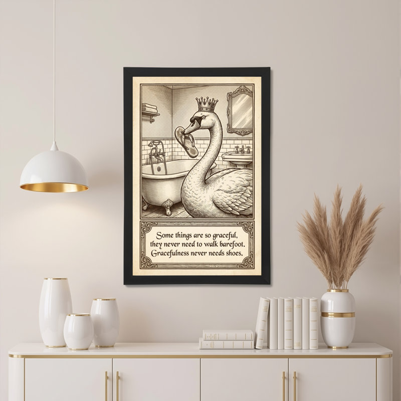 Cygne couronné dans une salle de bain, style croquis vintage, toile tendue sur châssis, lot de 1, H 24 po x l 16 po