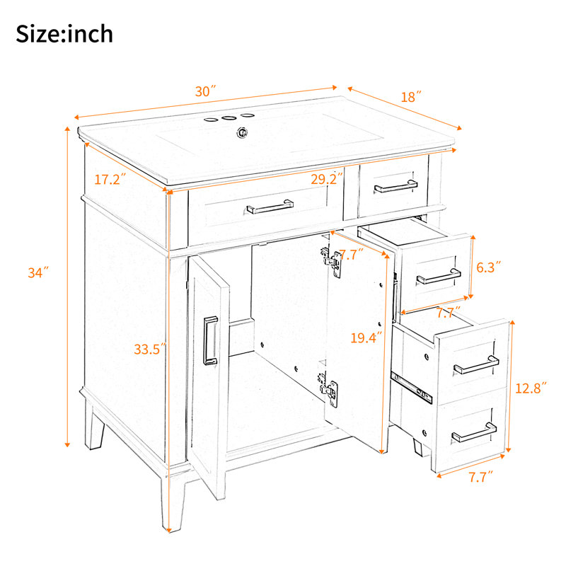 Meuble-lavabo 30 po avec comptoir en céramique, armoire et tiroirs, Light Green