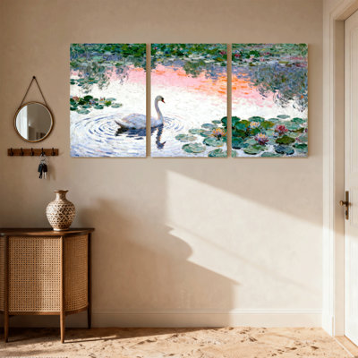 Oiseaux, cygne, nénuphar, étang, réflexion, art sur toile, ensemble de 3 impressions sur toile