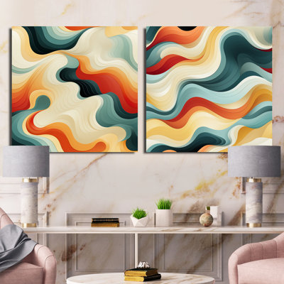 Nostalgic Mod Waves - Ensemble de 2 collages abstraits carrés