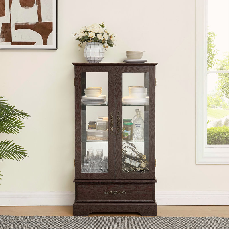 Vitrine lumineuse en verre avec tablettes réglables, Espresso, No