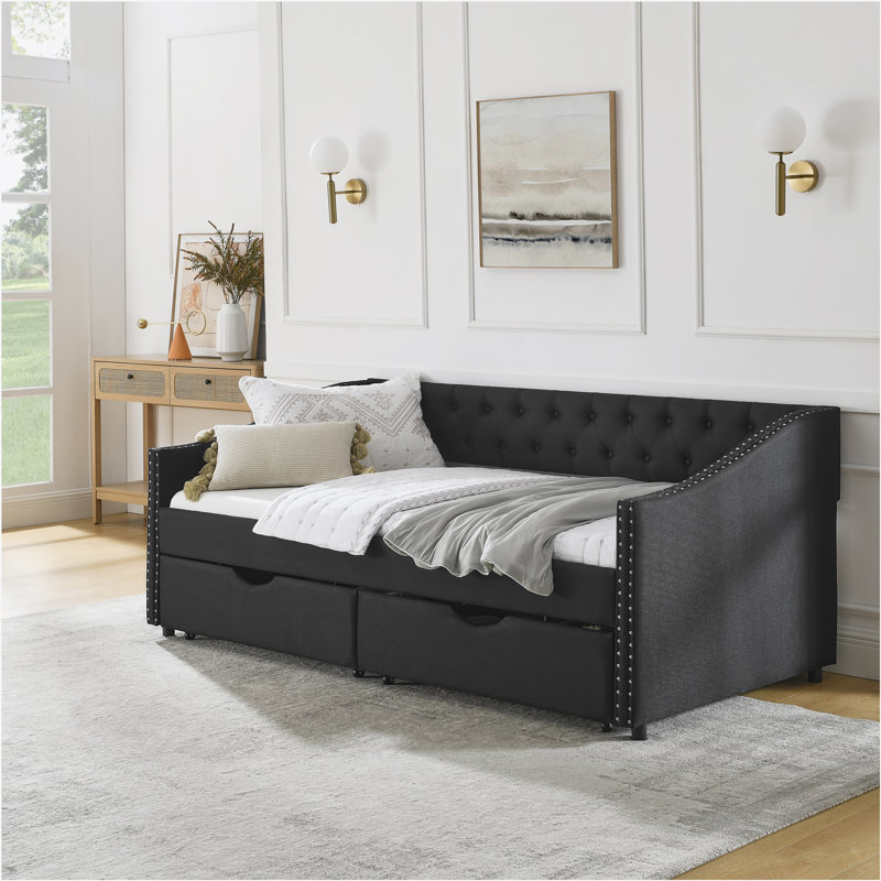 Upholstered Tufted Daybed | Velvet Button - Tufted Copper Nail - Trimmed Waved Arms & Drawers, Twin, Black