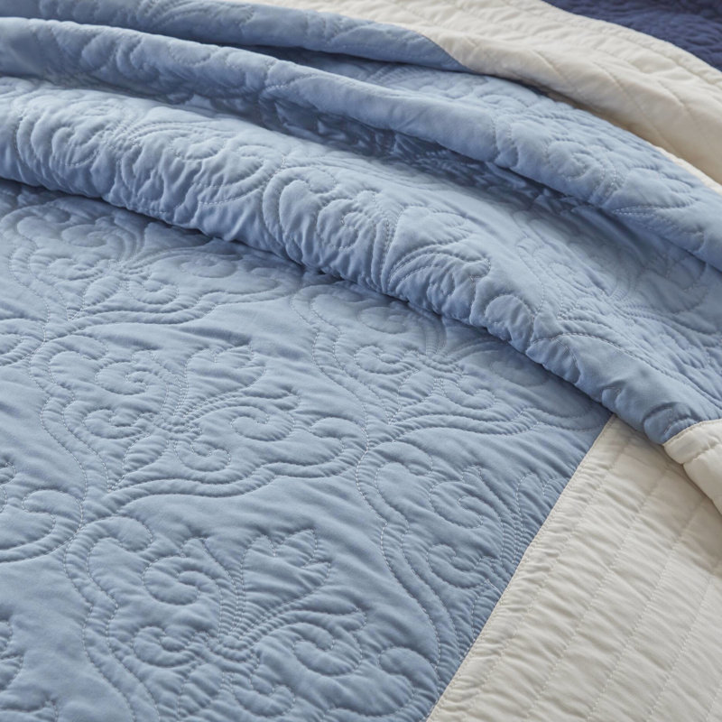 Courtepointe 7 pièces pour lit double / grand avec taies décoratives européennes et coussins - bleu marine, design traditionnel, matelassage en microfibre