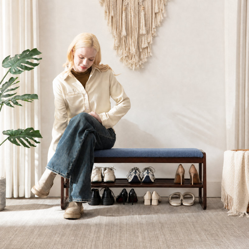  Solid Wood Shoe Bench with Cushion, 2-Tier Entryway Storage Bench, Beige/Teddy Fleece, 15.7" H x 39.4" W x 14" D
