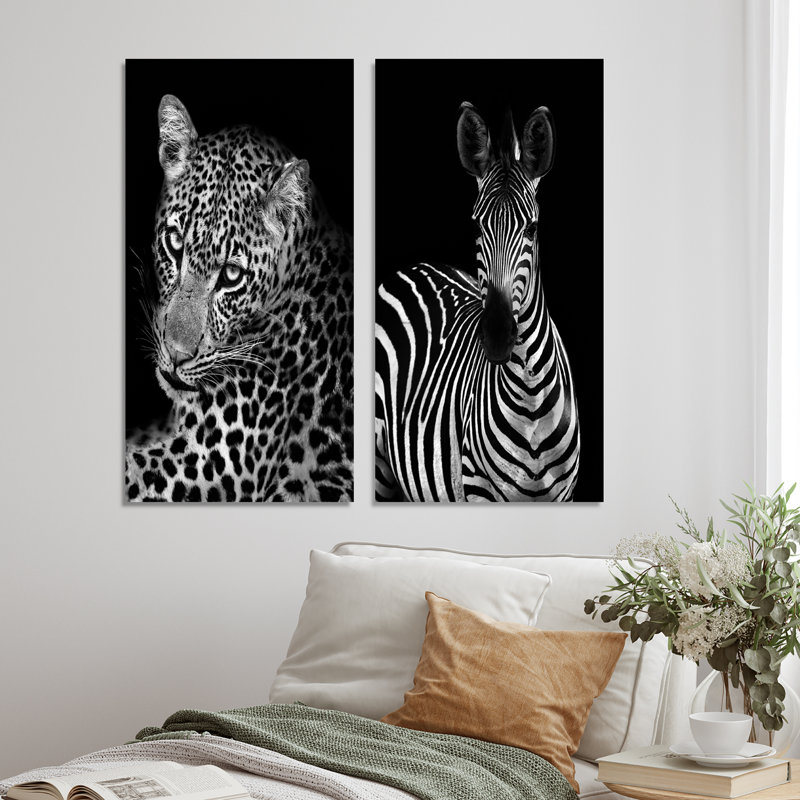 Leopard en noir et blanc II - ensemble de 2 reproductions sur toile, H 40 po x l 40 po x P 1 po, Toile tendue